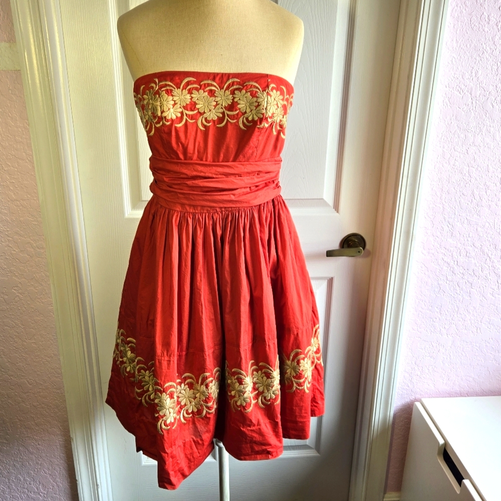 Anthropologie Girls From Savoy Red Strapless Dress Size 6 Cotton With Pockets